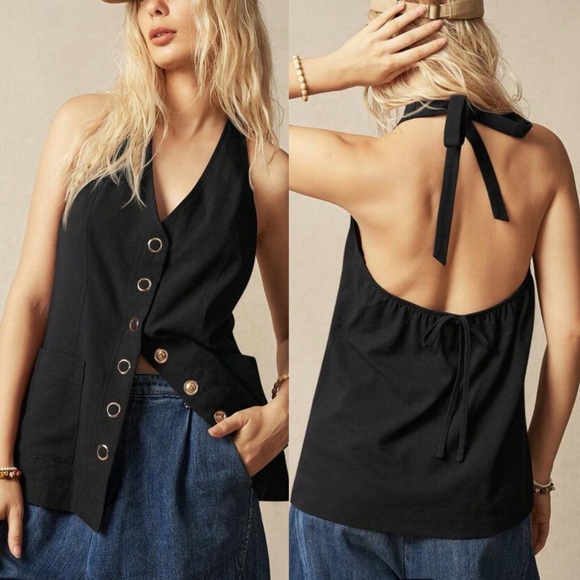 Tops - Black button front halter top open back vest top with pocket front